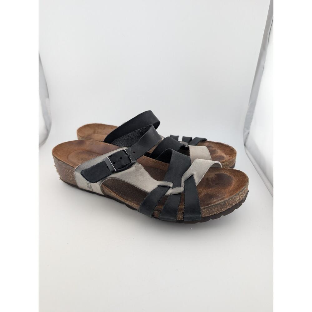 Sabatini Women's Size 6.5 Leather Sandals Blue White Cork Wedge Comfort